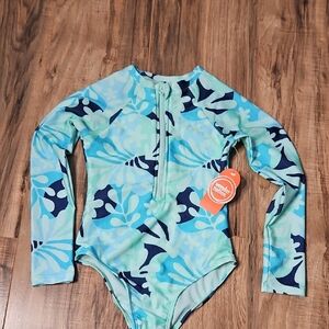 Wonder Nation Girls' Long Sleeve Aqua Floral Rash Guard Swimsuit Small 6-6X